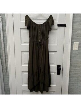Indigo Rose XL Olive Green Boho Off Shoulder Button Front High Low Maxi Dress